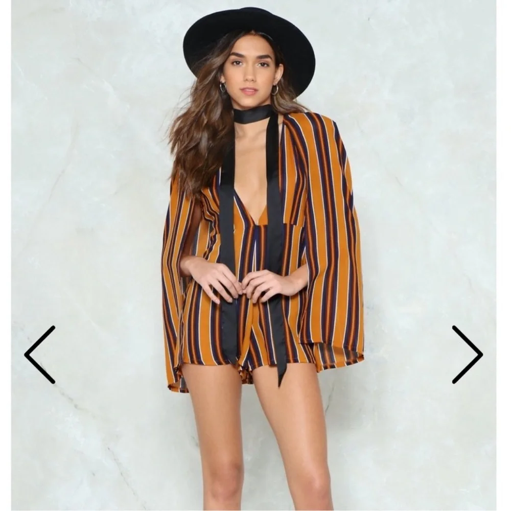 Nasty Gal Black and Orange Jumpsuit with Retro Stripes and cape - Picture 2 of 4